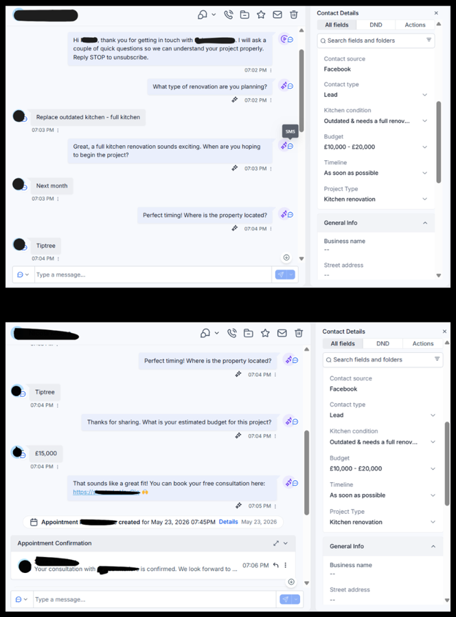 AI lead qualification conversation booking a kitchen renovation consultation