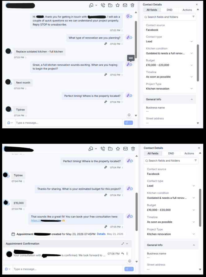 AI lead qualification conversation booking a kitchen renovation consultation