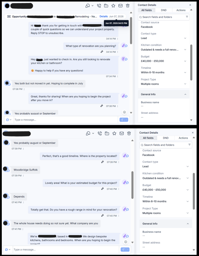 AI lead qualification conversation with a multi-room renovation enquiry in Suffolk